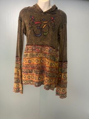 Boho Om Hoodie in Olive-Brown with Multicolor Accents